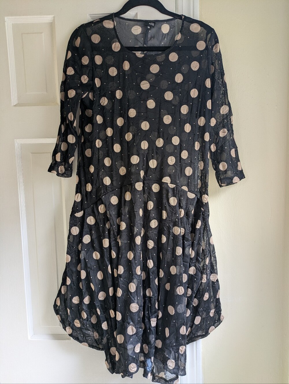 LISA BAYNE Sheer Black Tan Polka Dot Dress Artsy Lagenlook Harem Hemline